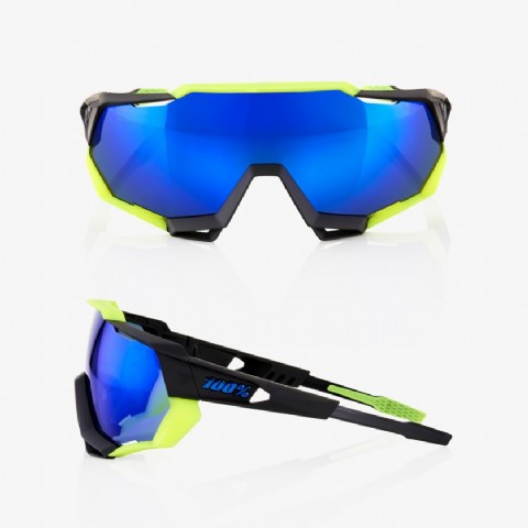 100% Speedtrap Polished Black Neon Yellow/ Electric Blue Mirror Lens + Clear Lens