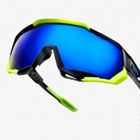100% Speedtrap Polished Black Neon Yellow/ Electric Blue Mirror Lens + Clear Lens